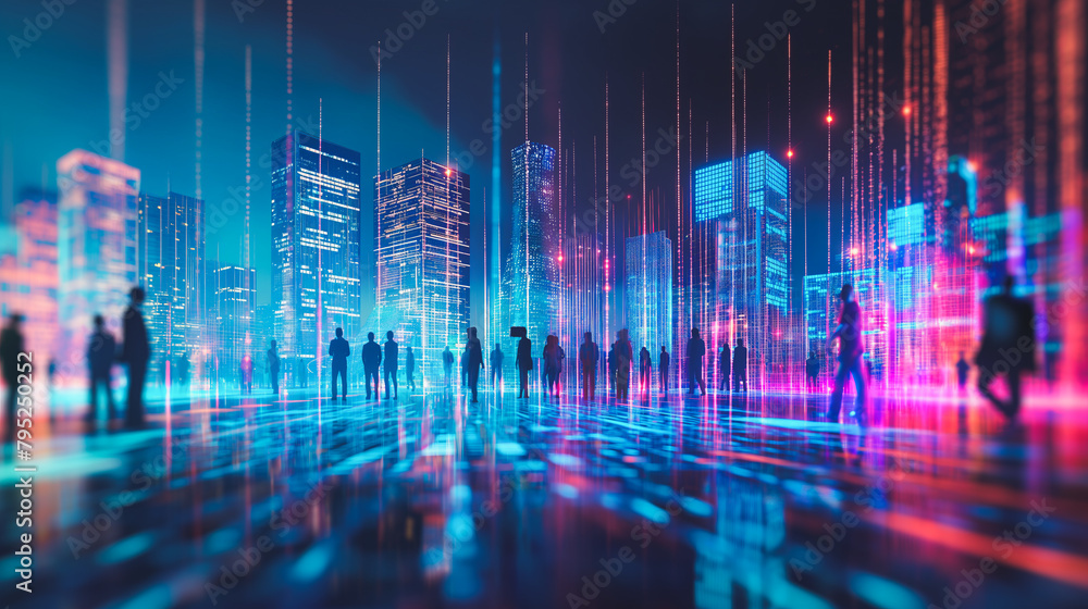 A cityscape with people walking around in a futuristic setting. The people are walking in a line and the city is lit up with neon lights A cityscape with people walking around in a futuristic setting. The people are walking in a line and the city is lit up with neon lights