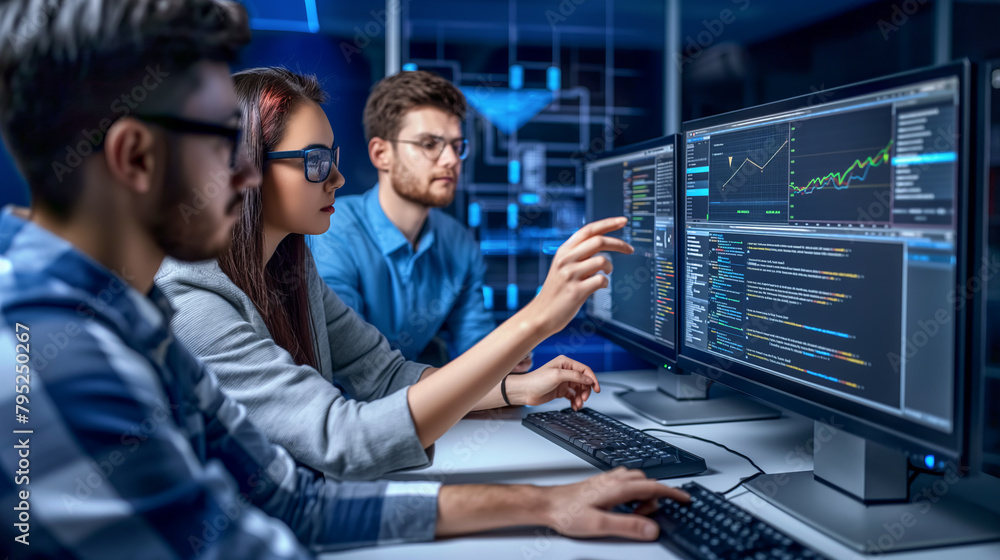 Three people are working on a computer screen, with one of them pointing at the screen. Scene is focused and collaborative, as the group of people work together to solve a problem or complete a task Three people are working on a computer screen, with one of them pointing at the screen. Scene is focused and collaborative, as the group of people work together to solve a problem or complete a task