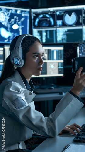 A woman wearing headphones is sitting at a desk in front of a computer monitor. She is focused on her work and she is in a serious mood