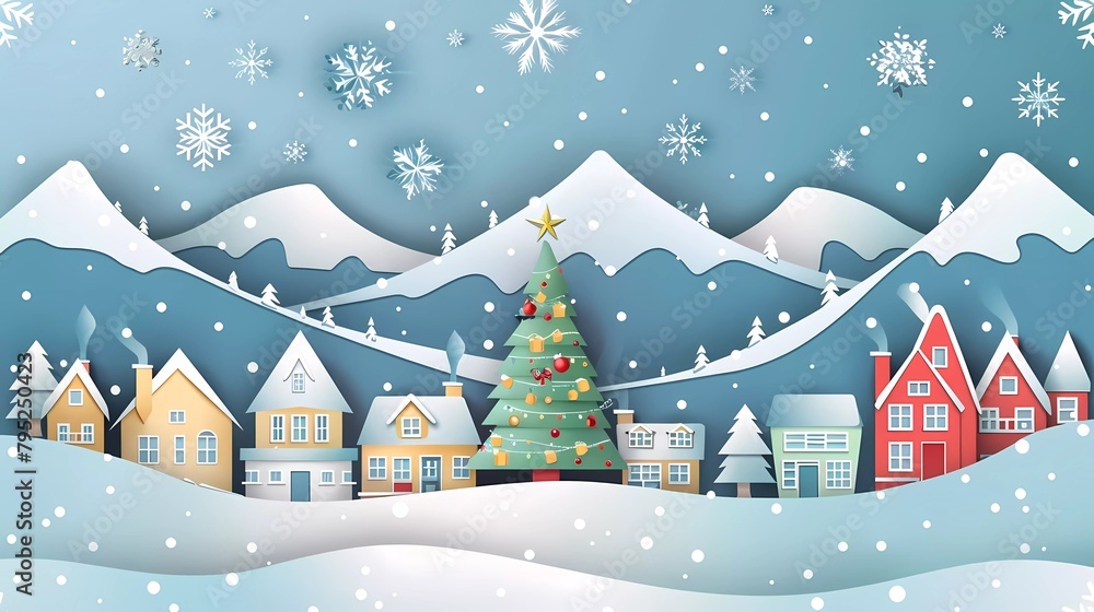 Merry Christmas tree with cityscape concept. Landscape of small town houses in mountain forest. Paper cut and craft style. Winter snow season holidays. 
