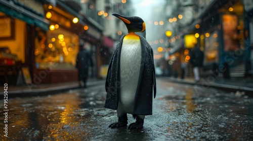 Dapper penguin struts through city streets in tailored elegance, embodying street style. The realistic urban backdrop frames this formally attired bird, seamlessly merging Antarctic charm with contemp photo