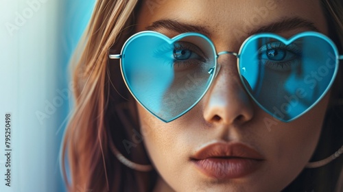 a woman wearing heart shaped sunglasses