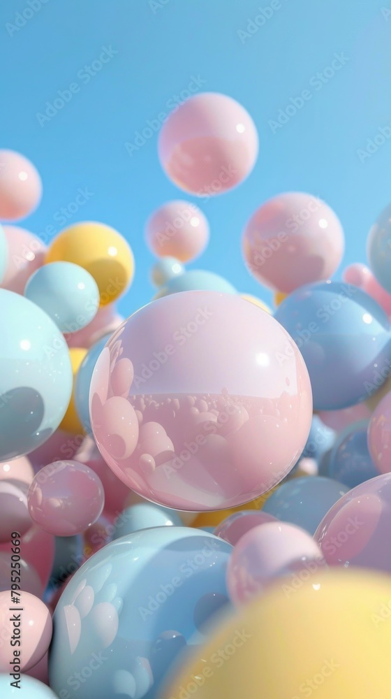 A Bunch of Sphere Objects in Pastel Colors Against Blue Sky. Abstract Background.