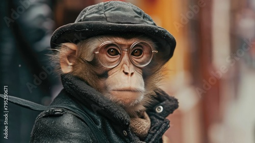 Suave monkey navigates city streets with tailored finesse, embodying street style. The realistic urban backdrop frames this fashionable primate, seamlessly merging the wild with contemporary elegance 