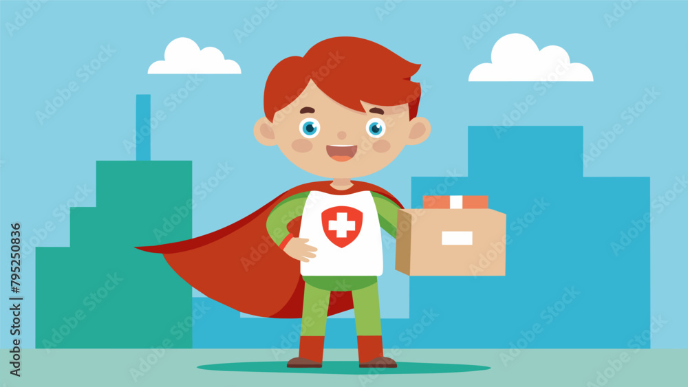 A child dressed as a superhero proudly delivering a box of medical supplies for their first donation to a local hospital. A child dressed as a superhero proudly delivering a box of medical supplies for their first donation to a local hospital.