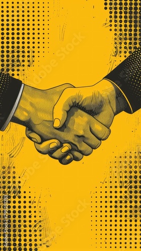A collage banner with a handshake theme. Women's hands make a deal. Handling halftone effect with doodles on a yellow background with hand-drawn texture.