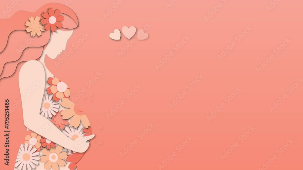 Pregnant woman with round belly on pink background with flowers. Animated congratulations with newborn baby or Mother's Day Pregnant woman with round belly on pink background with flowers. Animated congratulations with newborn baby or Mother's Day