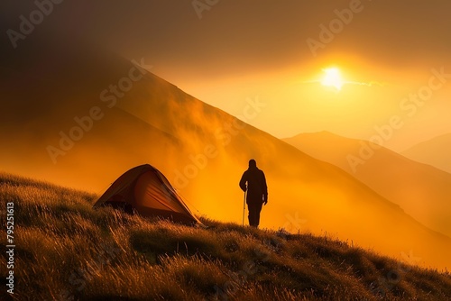 Lone camper against sunrise backdrop, tent pitched on grassy knoll © Nutcha