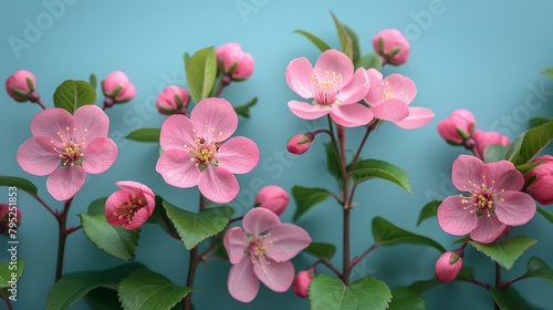 Beautiful pink spring flowers in full bloom with delicate petals and green leaves against a soft blue background