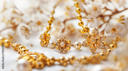 Beautiful golden jewellery on white background