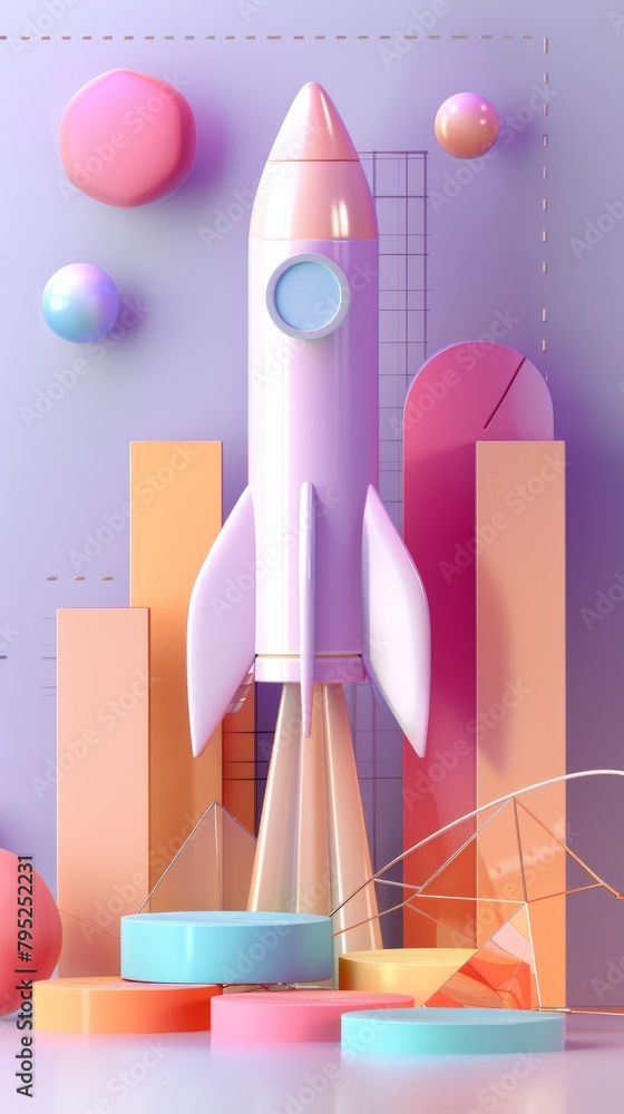 A pastel colored growing graph with rising rocket. A pastel colored growing graph with rising rocket.