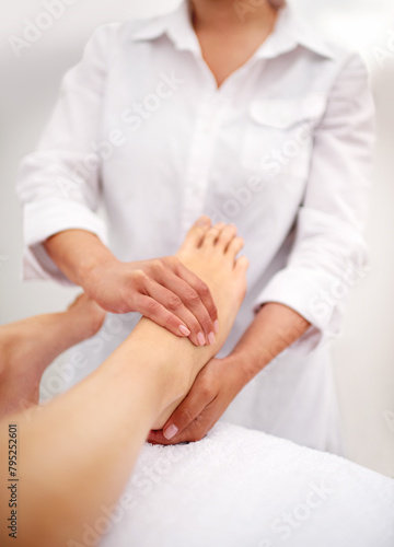 Foot, hands and massage with spa for self care, beauty and skincare at luxury resort for peace and wellness. Pedicure, cosmetics and people for feet muscle with healing for treatment and relief