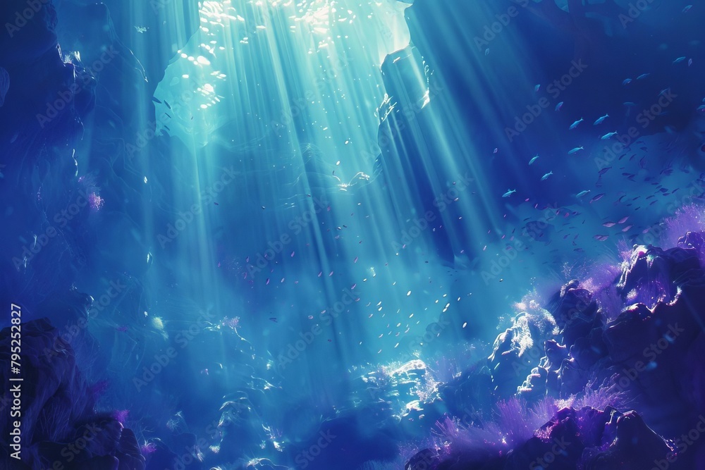 mystical underwater scene with ethereal light rays penetrating the deep blue sea digital painting