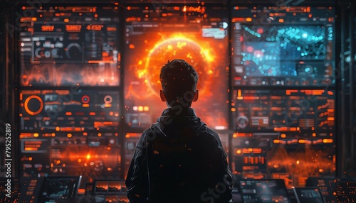 AI Ad Strategist, strategist surrounded by screens displaying data analytics and AI-generated insights, 