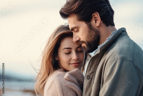 Affectionate couple hugging each other, dressed warmly, sharing a tender moment on a chilly day with soft light enhancing the mood. Loving Couple Embracing in Cold Weather