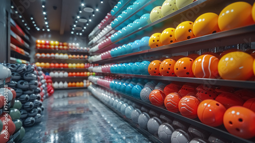 colorful bowling balls lined up in a modern bowling alley photo