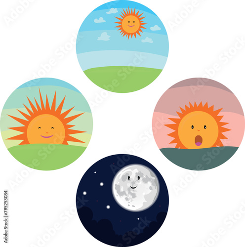 Cycle of sun. Morning, noon, evening and night sky, vector set of cartoon colorful educational illustrations for kids.