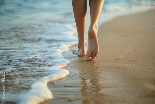 Graceful, slender feminine legs captured on a sandy beach photo