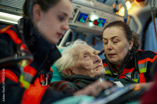 Emergency medical technicians rescuing an elderly patient. Emphasis on the heart rate monitoring equipment photo