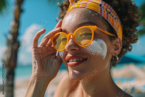 a woman with yellow sunglasses and white sand on her face photo