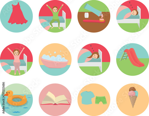 Set of icons of daily routines for kids in summer time. Wake up, brushing teeth, taking a bath, dressed up, reading, ice cream, swimming, reading, playground, kid sleep. Vector illustrations.