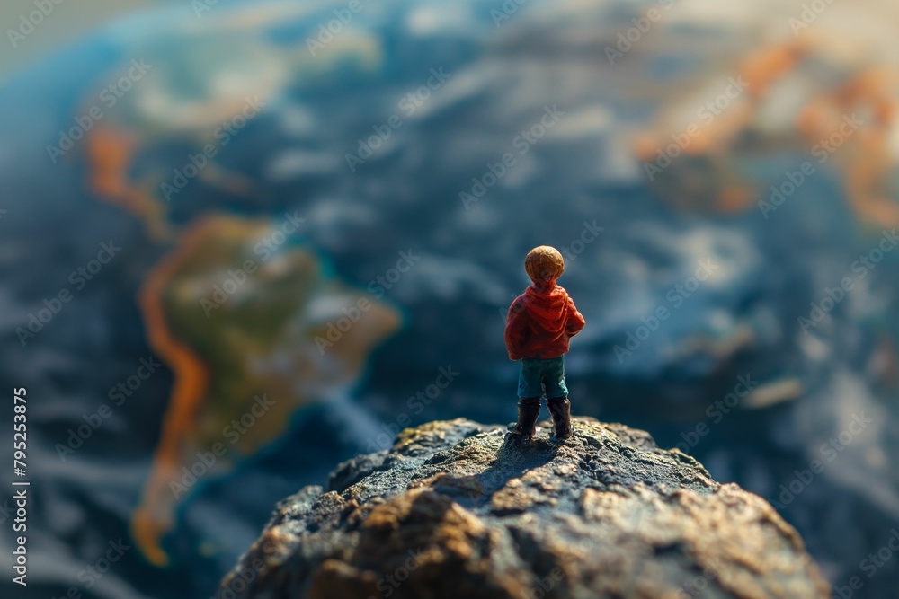 Contemplative Child Overlooking a Miniature World Map, Creative Concept with Copy Space