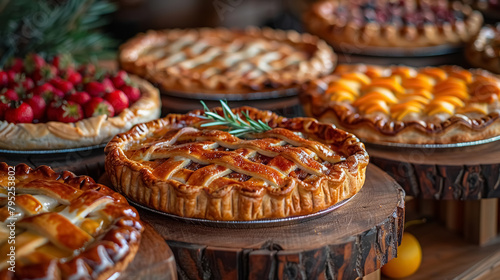 freshly-baked fruit pies on display, homemade dessert table photo