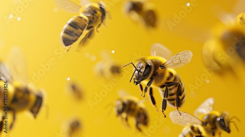 flying bee on yellow background, close up photo banner with bees horizontal minimalism 