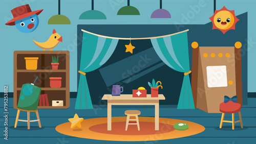 In one corner of the room a craft table is set up with various props and costumes allowing children to act out scenes from the play and create