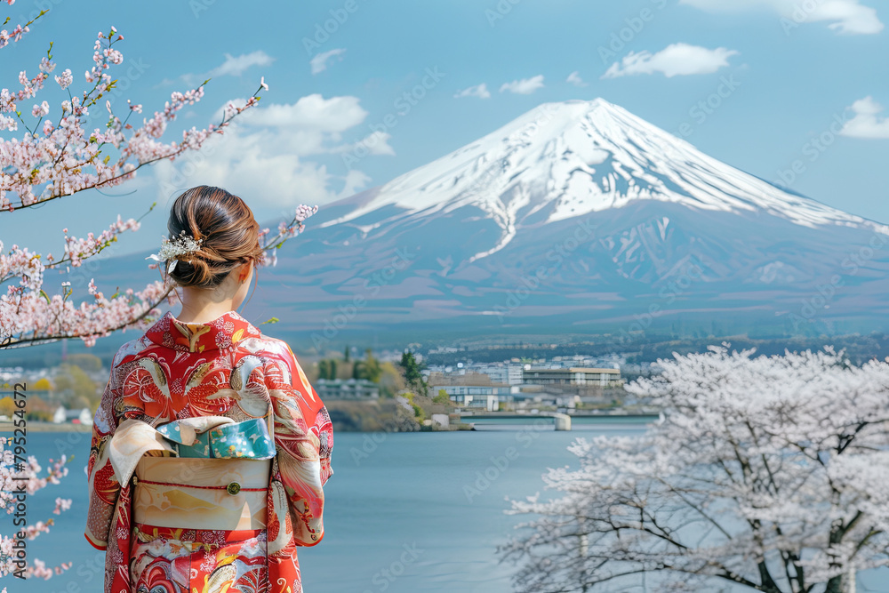 Japanese woman dressed in traditional kimono attire, posed against the iconic Mount Fuji and cherry blossom trees at Kawaguchiko Lake in Japan Japanese woman dressed in traditional kimono attire, posed against the iconic Mount Fuji and cherry blossom trees at Kawaguchiko Lake in Japan