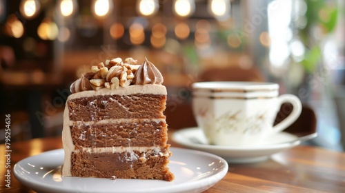 Coffee and Walnut Cake in Cafe Tea Shop Display, Gateau Slice, Delicious Sweet Treats, Tasty Food 