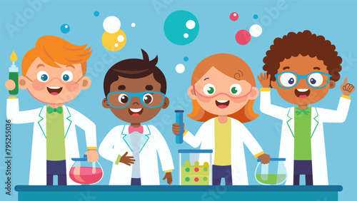Children wearing lab coats and safety goggles eagerly showcasing their experiments at the first science fair party.
