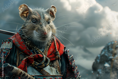 Cartoon Samurai Rat in Armor in the Mountains, A rat in a jacket and hat standing in front of a building