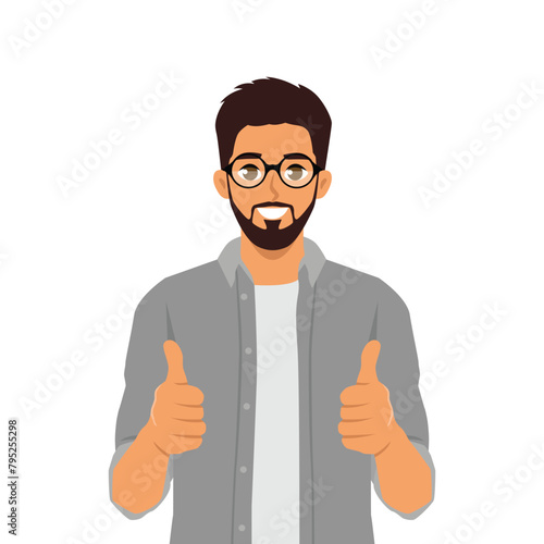 Young man shows gesture cool two thumbs up. Flat vector illustration isolated on white background