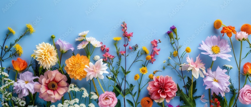 wild flowers, creative greeting card background isolated on blue. Greeting cards , covers, banners and posters for walls, beautiful paint art, invitations, party, events. Concept for editing 