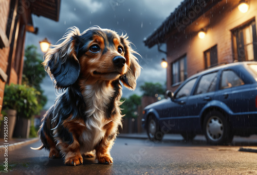 Little wet dog under rain. Generative AI photo