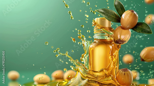 standing little argan oil bottle, nuts and leaves with oil splash against green background with copy space.