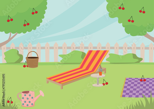 Find cherries in summer garden educational illustration for kids. Garden backyard with wooden fence green cherry trees and bushes and deck chair.