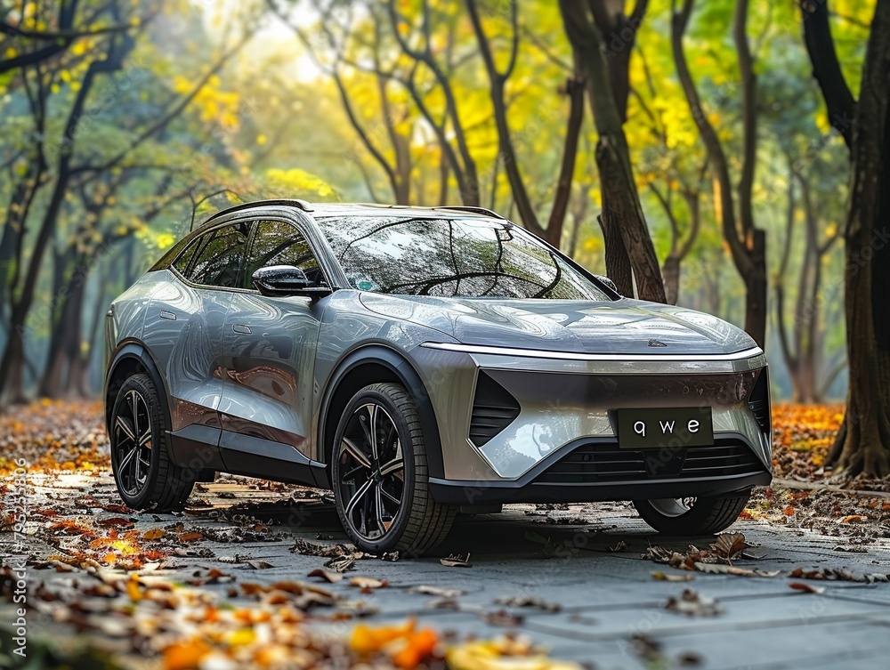 A gray electric SUV with Xiaomi cars, hightech headlights, a large front end, a rounded body shape