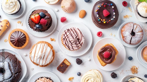 Desserts assortment on light background. Freshly made bakery and treats. Flat lay, top view