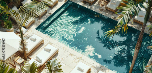 High-angle shot of a luxury hotel's chic chill space by a pristine pool.