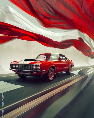 Classic Muscle Car, large white and red fabric waiving in the air, halo glow, light streak, leonardo da vinci photography, OMG its awesome photo