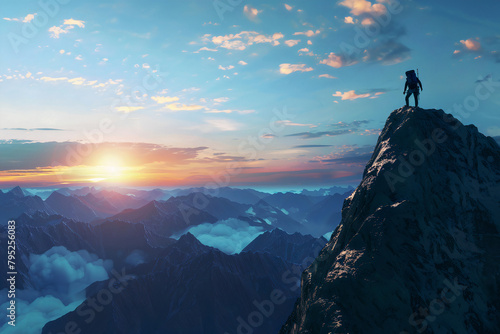 climber vision journey to success discovery standing on top of a high mountain new opportunity mountain peak leadership development achievement blue sky sunset © SachiDesigns