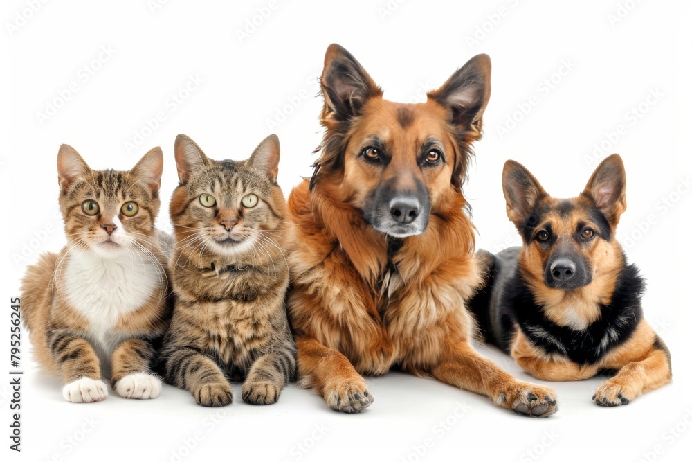 Assorted cats and dogs together in studio, white background with copy space, high quality image Assorted cats and dogs together in studio, white background with copy space, high quality image
