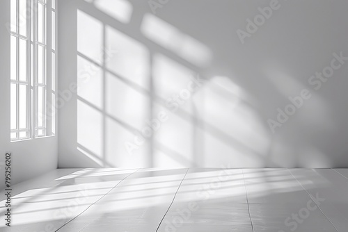Abstract white studio background for product presentation  empty room with window shadow  blurred background.