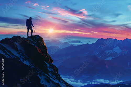 climber vision journey to success discovery standing on top of a high mountain new opportunity mountain peak leadership development achievement blue sky sunset
