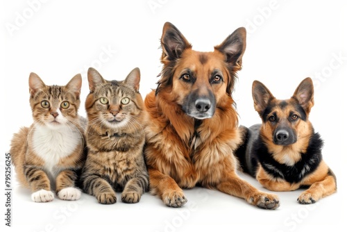 Assorted cats and dogs together in studio, white background with copy space, high quality image