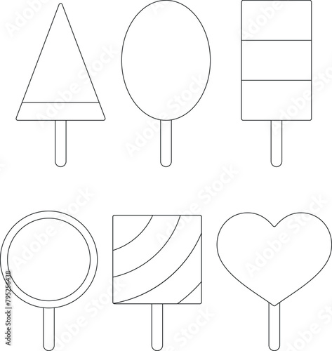 Ice lollys outlines collection - set of six frozen popsicles of different shapes - isolated vector illustration on white background.