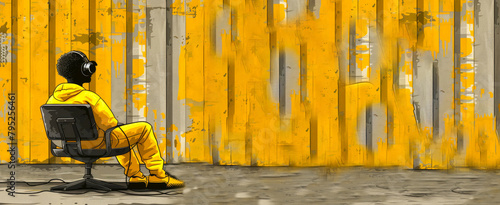 African American man sitting with headphones in yellow tracksuit, music album cover