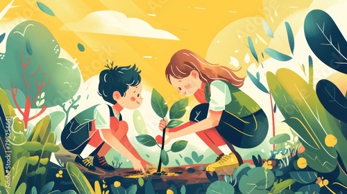 Arbor day banner Illustration of two kids planting a small tree in nature
